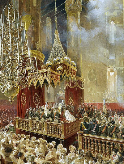Alexandre II de Russie posant la couronne sur la tête de Maximilienne Wilhelmine Marie de Hesse-Darmstadt dans la cathédrale de la Dormition